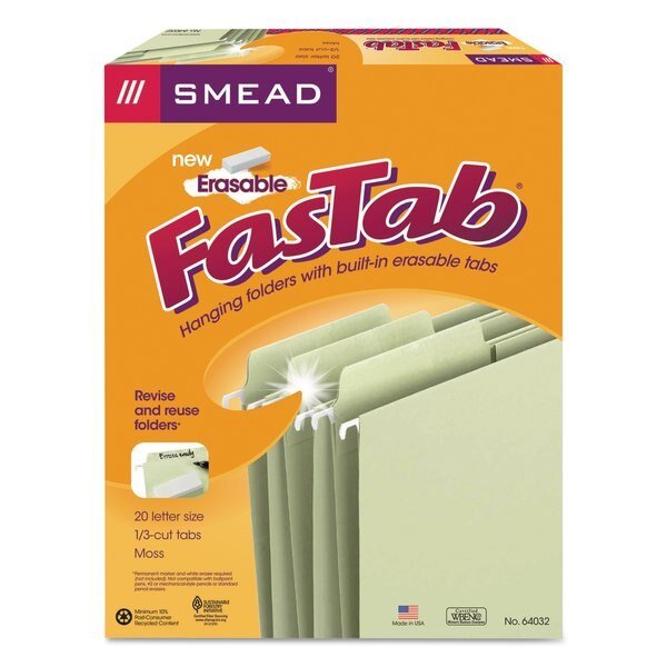 Hanging File Folder, Erasable, Green, PK20, SMEAD, Mfr# 64032